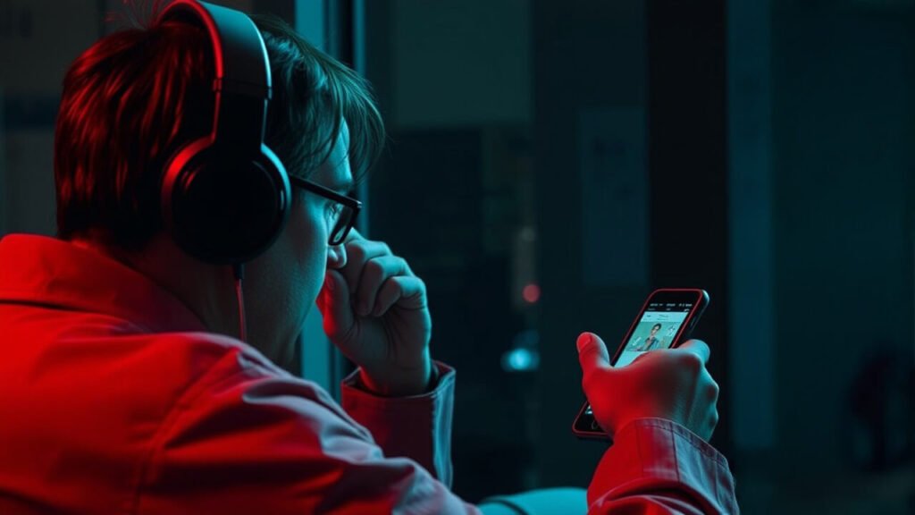 Osoba w słuchawkach sprawdzająca telefon w oświetleniu sugerującym dyskrecję, co symbolizuje analizę bezpieczeństwa i ochronę przed podsłuchem w telefonie.