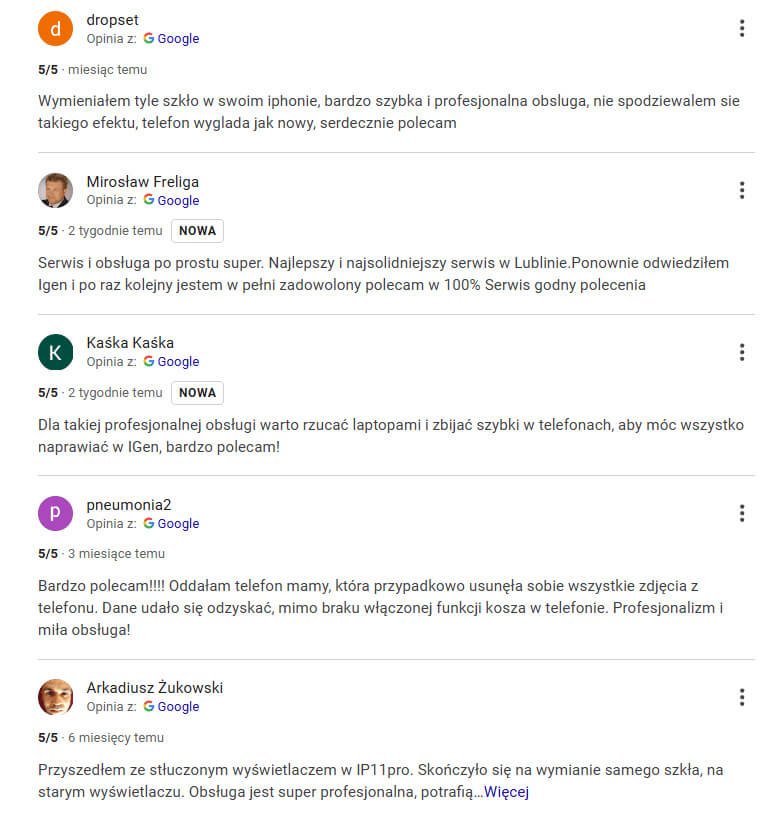 Zrzut ekranu z pozytywnymi opiniami klientów o serwisie iGen w Lublinie. Klienci chwalą profesjonalną obsługę, szybkie naprawy, odzyskiwanie danych oraz wysoką jakość usług, polecając serwis jako solidne i godne zaufania miejsce do naprawy urządzeń mobilnych.